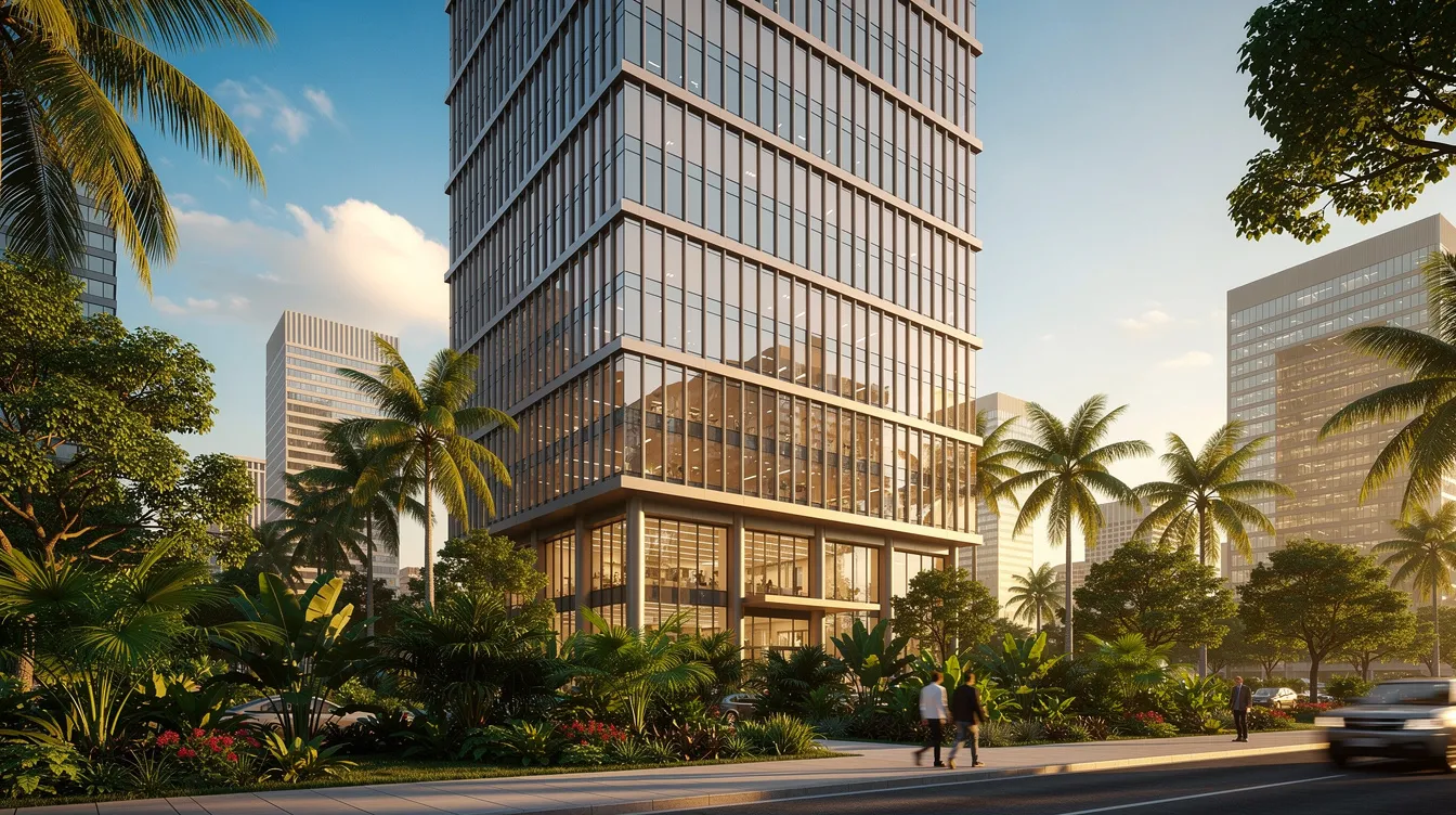 The image shows a modern office tower nestled in a tropical city, surrounded by lush greenery that enhances its aesthetic appeal. This setting emphasizes the importance of periodic structural inspections to ensure the building's structural integrity, in compliance with Singapore's building control regulations.