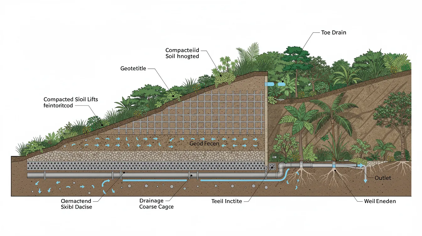 This cross-section illustration depicts a reinforced soil slope on a tropical hillside, featuring drainage layers and vegetation cover to enhance erosion control and long-term slope stability. The design highlights essential aspects of civil engineering and geotechnical engineering services, showcasing a slope stabilisation system that effectively manages groundwater conditions and surface runoff.