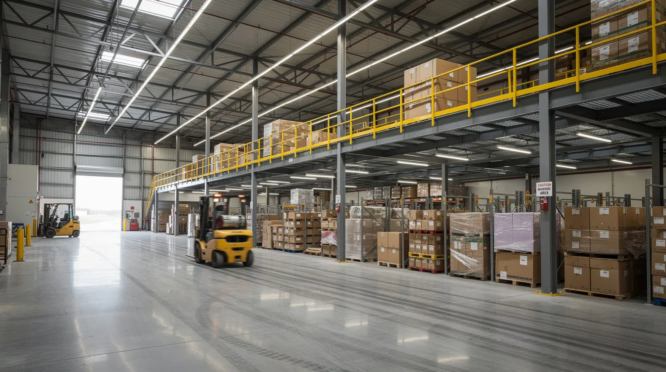 The image depicts the interior of an industrial warehouse featuring a robust steel mezzanine structure, with clearly defined forklift aisles for efficient material handling. This layout emphasizes strategic optimization and cost-effectiveness in construction, supporting essential functions while maintaining structural integrity and future maintenance considerations.