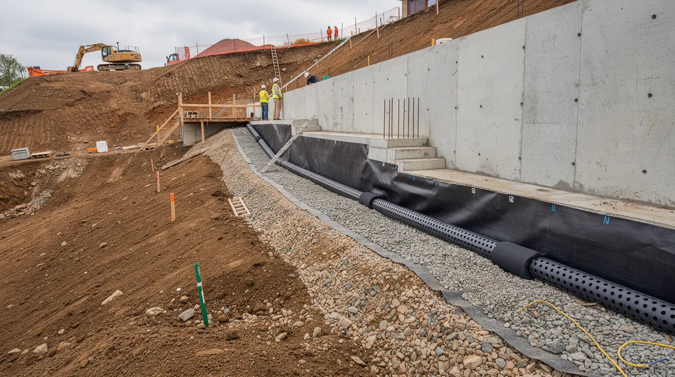The image depicts a residential basement construction site featuring an exposed retaining wall and an intricate drainage system on sloping terrain. This setting highlights the importance of adhering to building control regulations and the necessity for structural safety assessments by qualified professionals to prevent unauthorized building works.