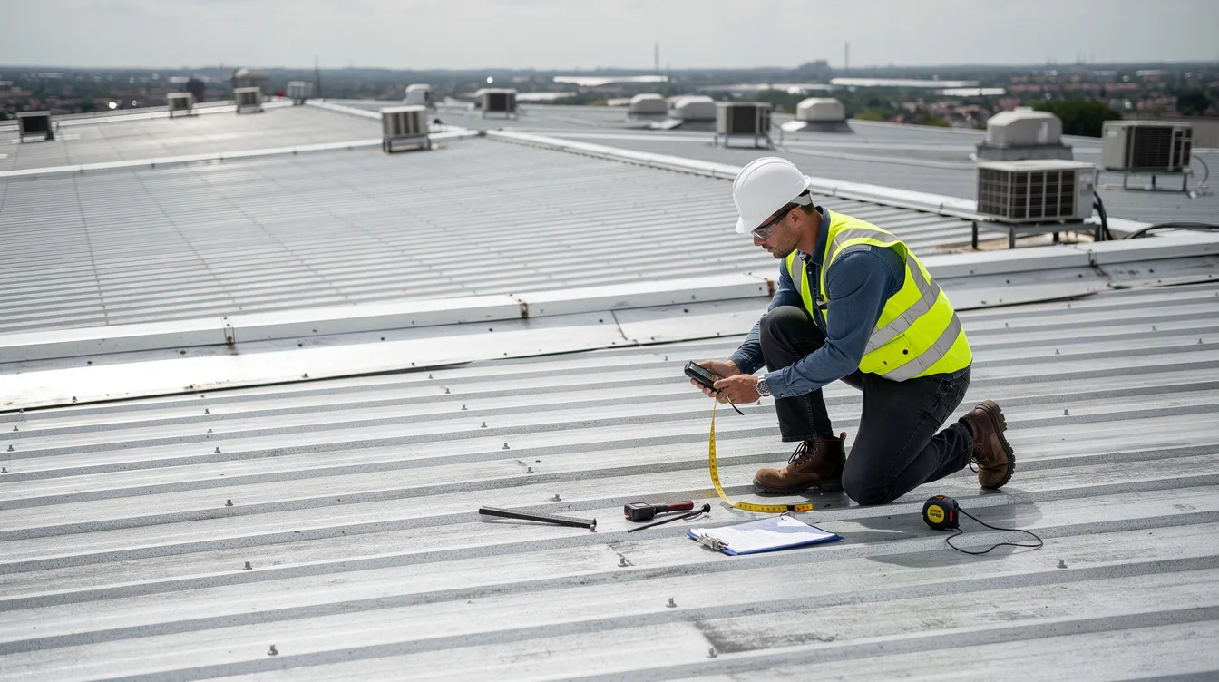 An engineer is inspecting a corrugated metal roof surface on a warehouse, using measurement tools to assess its structural integrity for potential rooftop solar panel installation. The inspection ensures compliance with building and construction authority regulations and evaluates the roof's capacity to support solar arrays while considering safety and structural requirements.