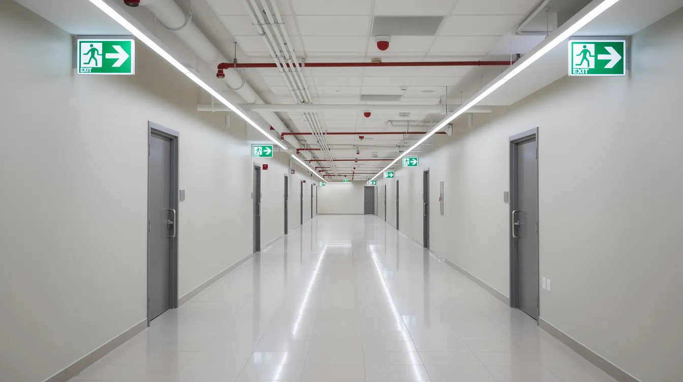 The image shows a modern commercial building corridor featuring visible fire safety exit signs and sprinkler fittings on the ceiling, highlighting essential fire protection systems and compliance with fire safety regulations. This setup is crucial for ensuring safe escape routes and meeting the necessary fire safety requirements as per the Singapore Civil Defence Force standards.