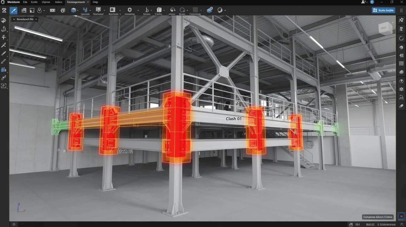 The image depicts a BIM model featuring a mezzanine steel frame, with specific zones highlighted for clash detection. This visualization aids construction professionals in identifying potential conflicts early in the design process, ultimately enhancing project quality and reducing construction costs.