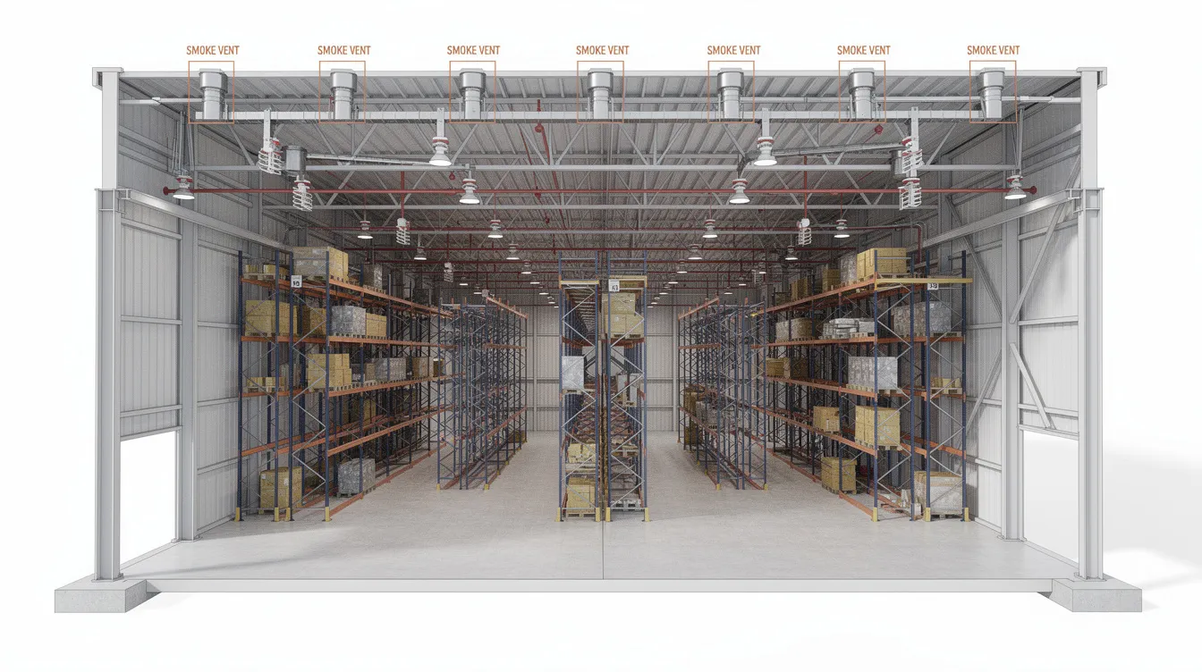 The image depicts a cross-section Building Information Modeling (BIM) model of a warehouse, highlighting sprinkler systems installed above high-bay racking and the locations of smoke vents marked at the roof level, essential for fire safety compliance as per fire safety regulations. This design is crucial for meeting the fire safety requirements outlined by the Singapore Civil Defence Force (SCDF) to ensure effective fire protection systems within industrial warehouses.
