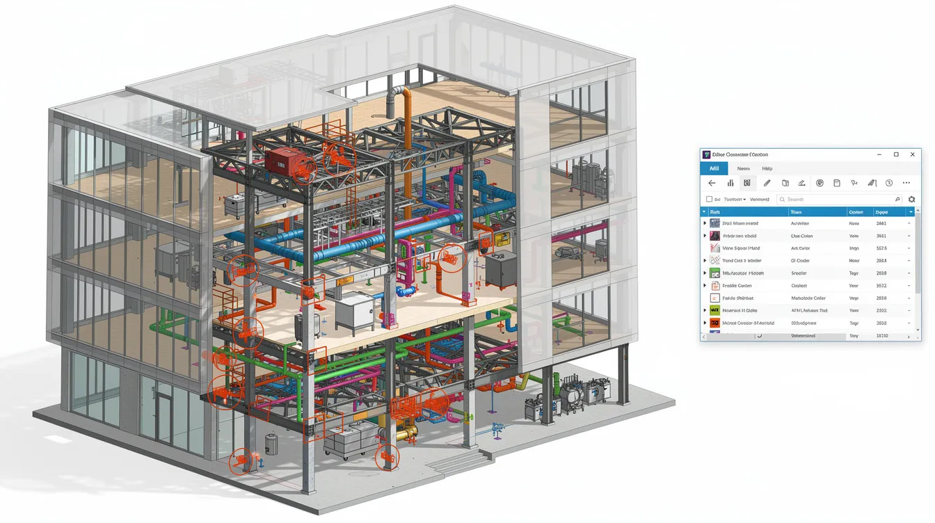 The image depicts a federated Building Information Modeling (BIM) model showcasing various architectural, structural, and MEP (mechanical, electrical, plumbing) layers, with highlighted areas indicating clash detection. This representation is essential for architecture and design firms to ensure seamless integration and collaboration in contemporary construction projects.