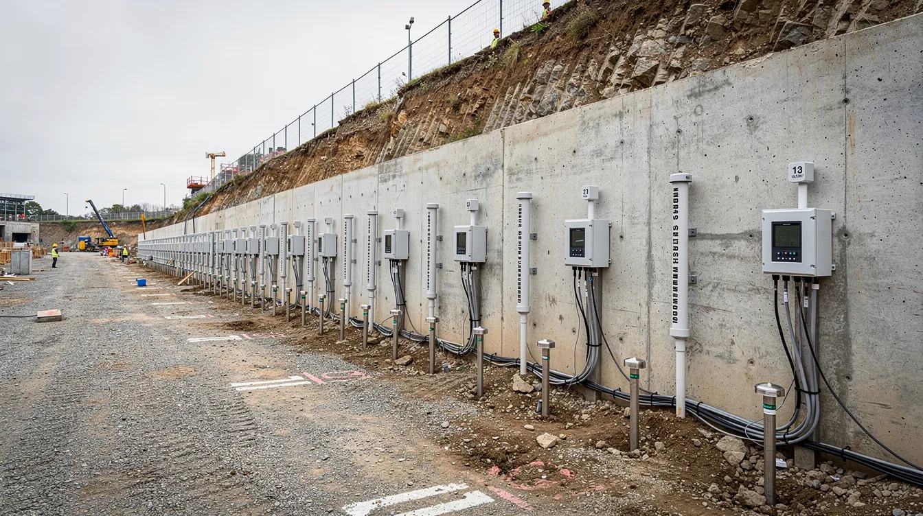 The image depicts a construction site featuring instrumentation monitoring equipment, including inclinometer casings and piezometer standpipes, installed along a retaining wall. This setup is essential for ensuring the structural integrity of the retaining wall, in compliance with the regulatory requirements set by the building and construction authority.