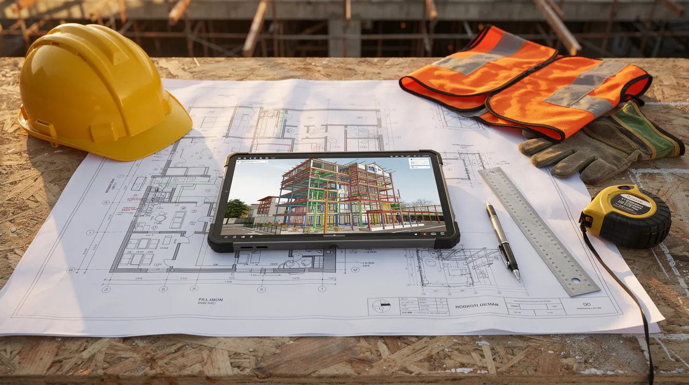 The image features architectural blueprints laid out on a construction site table, accompanied by safety equipment and a digital tablet displaying a BIM model, highlighting the integration of technology in building services. This scene reflects the meticulous planning and working processes overseen by the building and construction authority.
