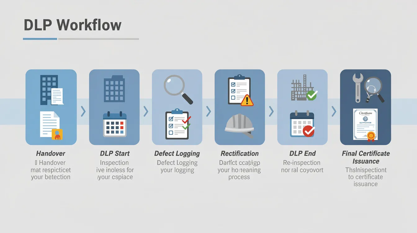 This infographic illustrates the defects liability period (DLP) workflow steps in a construction project, detailing the process from handover to inspection, rectification, and final certificate issuance. It highlights key project management elements such as contractual obligations, quality assurance, and the resolution of defects to ensure compliance with construction contracts.