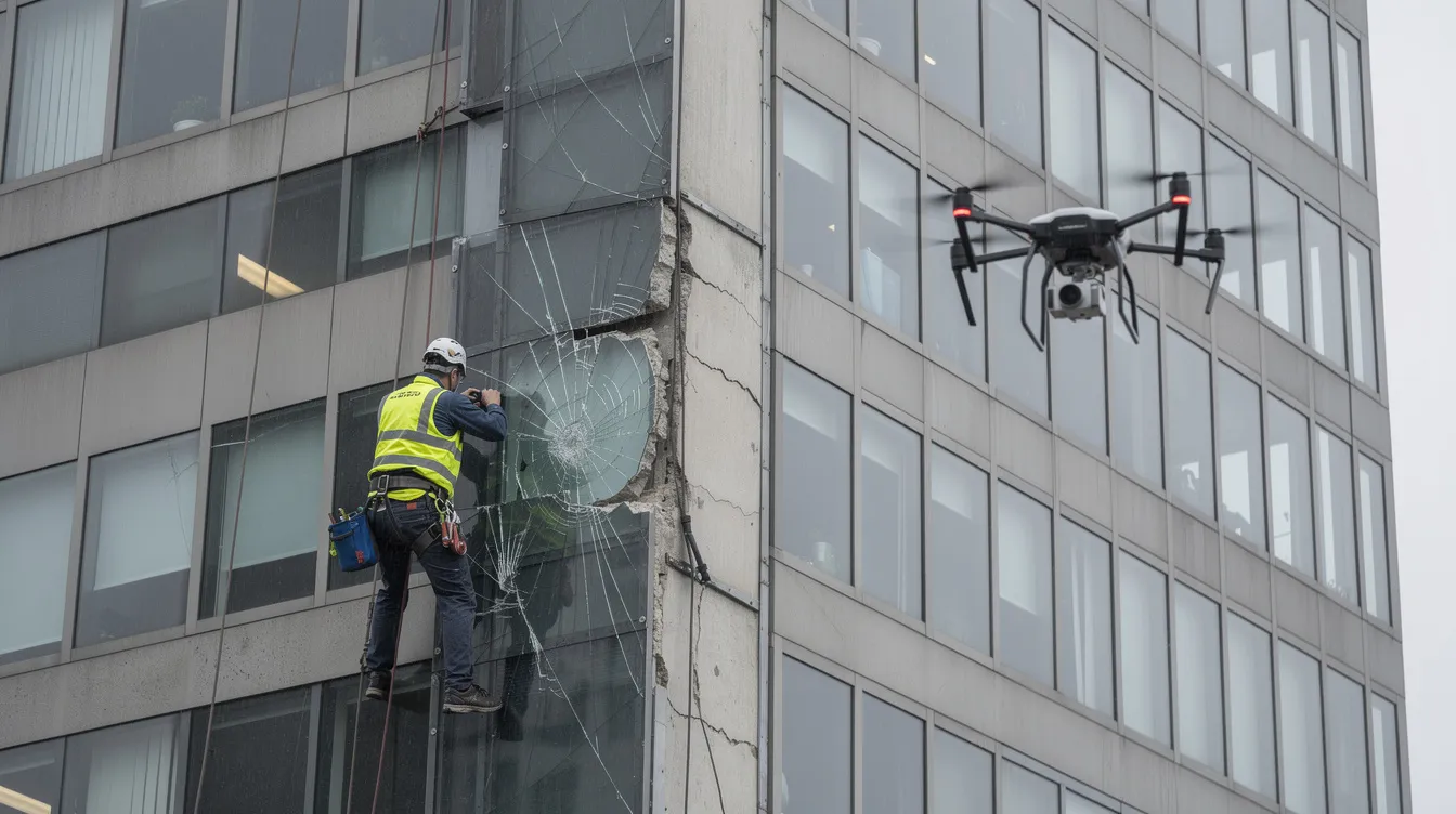 The image depicts a professional conducting a rope-access facade inspection on a high-rise building, highlighting the process of investigating latent defects beyond the defects liability period (DLP). This inspection is crucial for ensuring quality construction and fulfilling contractual obligations within the project management framework.
