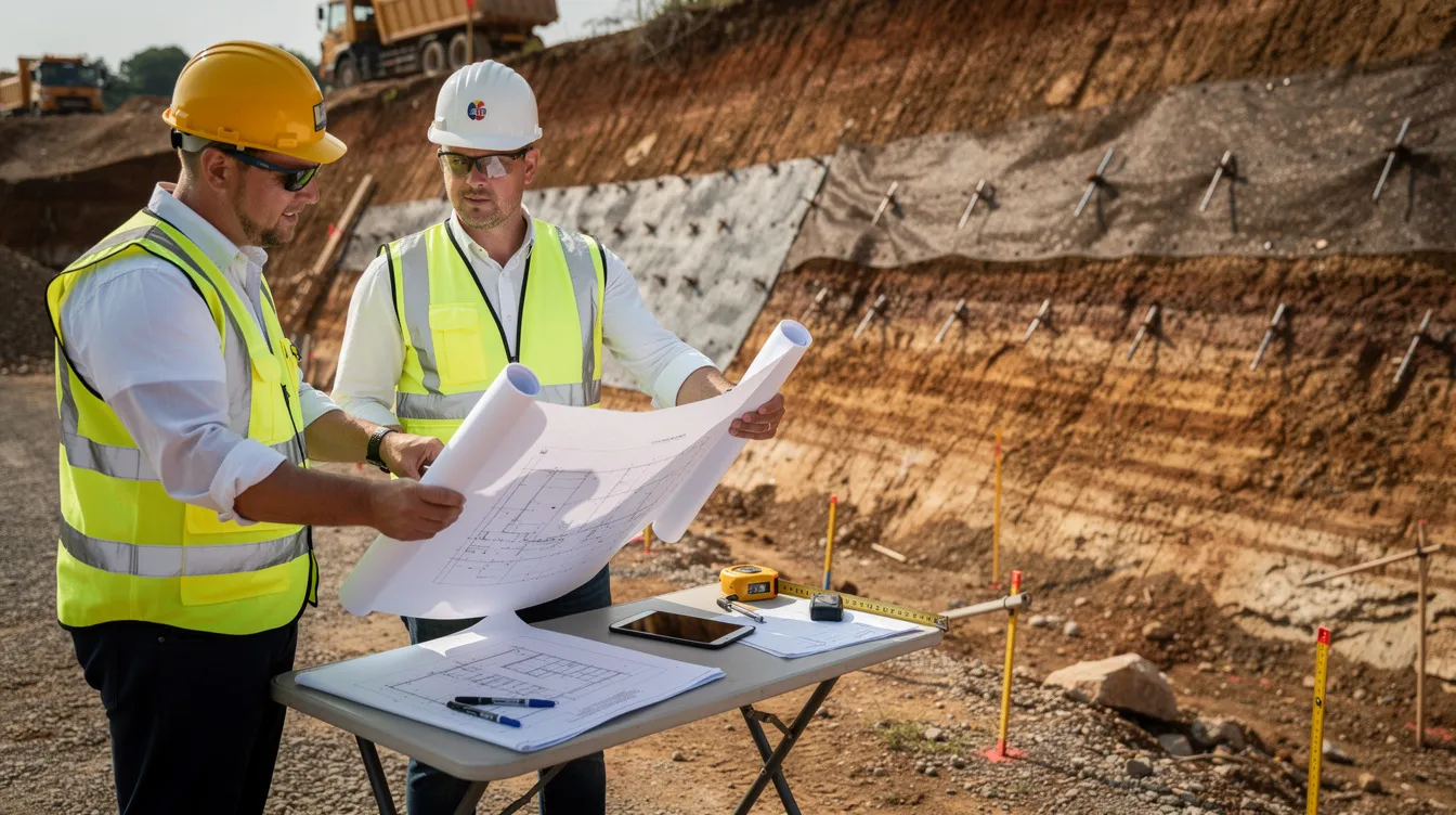 Engineers are gathered at a construction site, reviewing design drawings while surrounded by exposed soil layers and visible temporary slope protection measures. The scene highlights the importance of civil engineering and geotechnical engineering services in ensuring slope stability and effective erosion control for successful construction projects.
