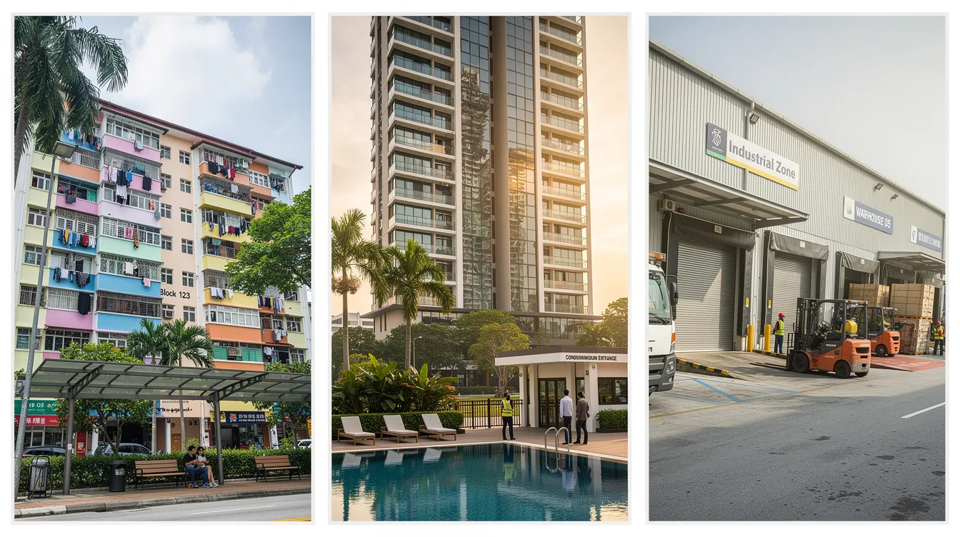 The image is a photo montage depicting an HDB residential block, a private condominium development, and an industrial building, illustrating various contexts of the defects liability period (DLP) in Singapore's construction projects. It highlights the diversity in structures and the importance of quality workmanship, project management, and contractual obligations within the construction industry.
