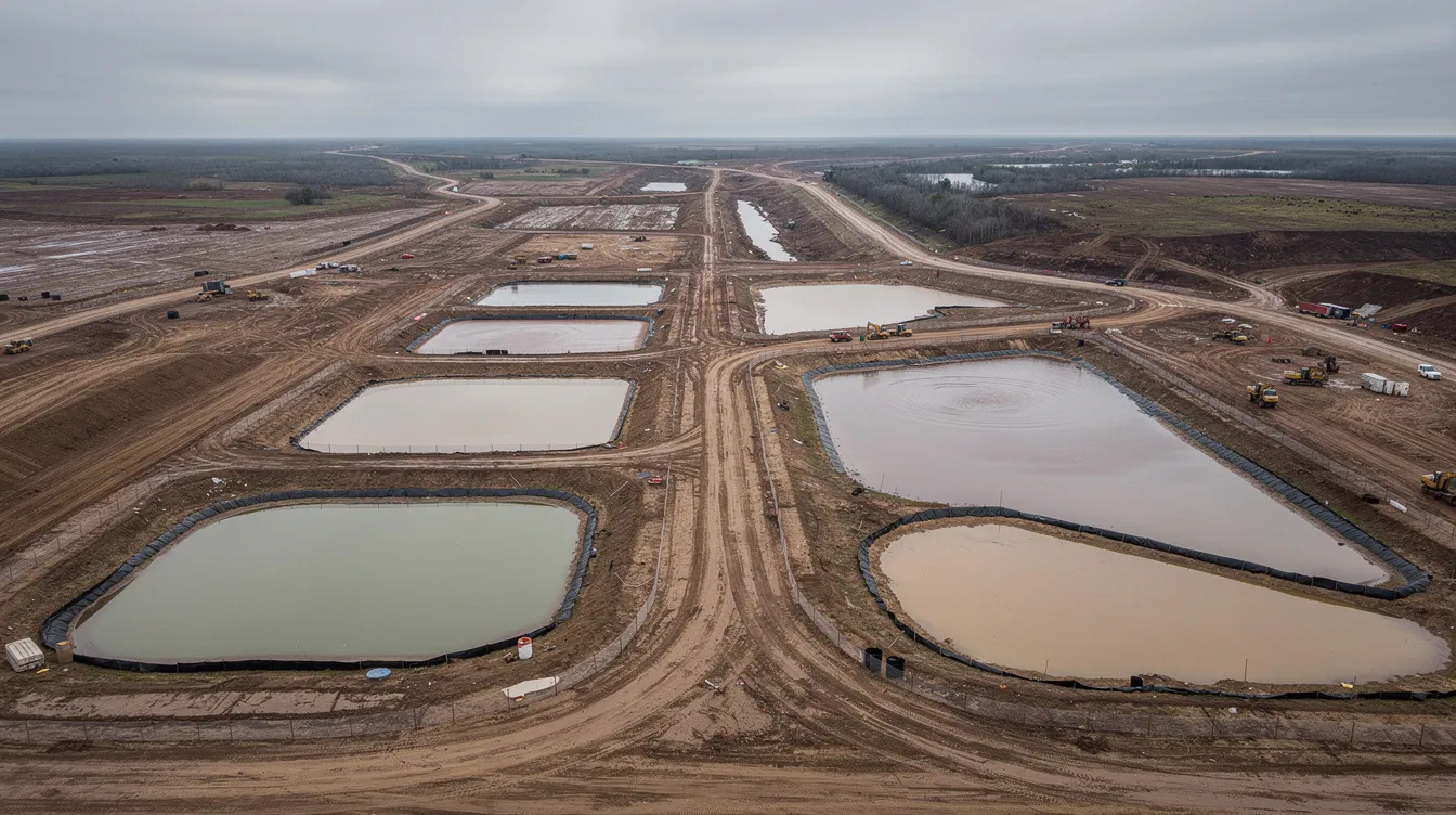 An aerial view of a construction site showcases drainage channels and sedimentation ponds under overcast skies, highlighting earth control measures designed to manage surface water drainage and prevent silty water discharge during the northeast monsoon. This image reflects the importance of compliance with regulatory requirements and adequate measures to manage silt accumulation and prevent floods in Singapore's construction industry.