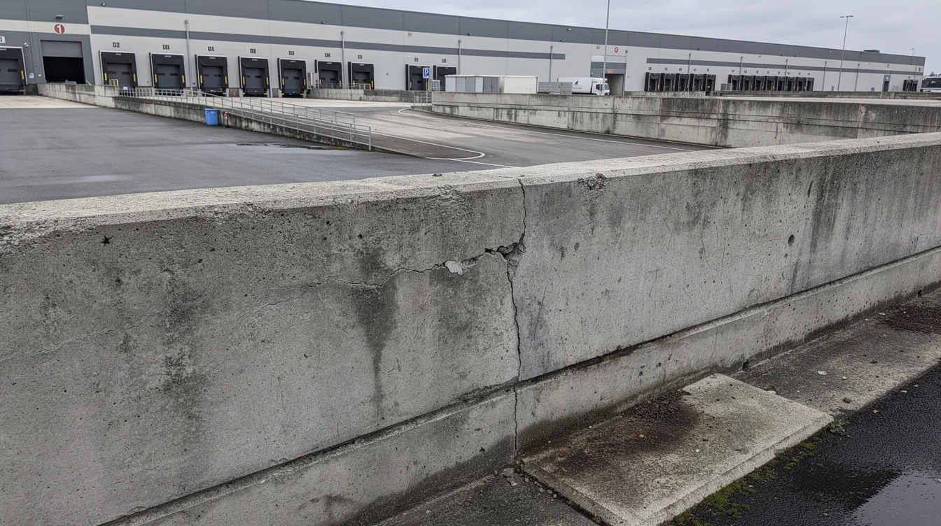 The image depicts a concrete ramp parapet on a multi-storey logistics building, showing visible weathering and surface cracks that may indicate façade defects. This condition highlights the importance of periodic façade inspections to ensure structural integrity and public safety in compliance with the Building Control Act.