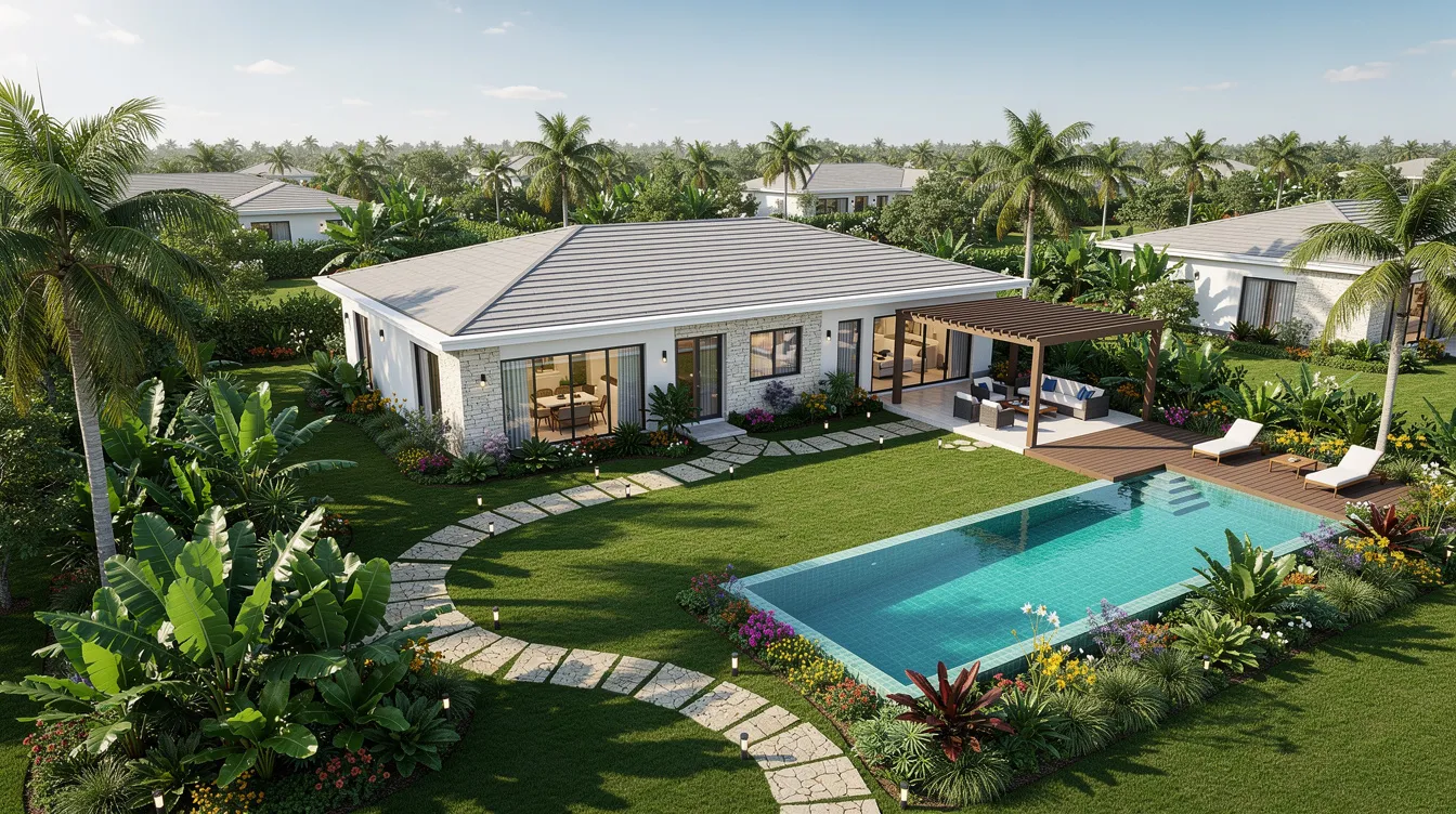 An aerial view showcases a large residential bungalow surrounded by a beautifully landscaped garden in a tropical setting, highlighting the building's compliance with local building control regulations. The image emphasizes the importance of structural safety and the need for approved plans to prevent unauthorized building works.