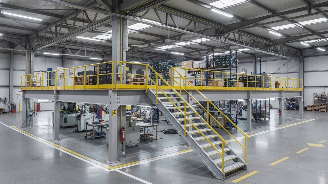 The image depicts a cutaway view of an industrial factory interior featuring a steel mezzanine platform, complete with staircase access and safety railings, highlighting the layout and operational space suitable for light industrial use in Singapore. This design emphasizes the importance of infrastructure and safety in approved industrial properties, essential for manufacturing and logistics companies.