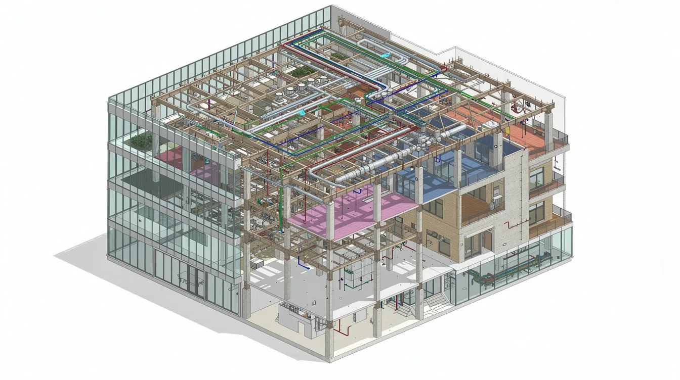 The image displays a 3D BIM model of a commercial building, illustrating the structural, MEP, and architectural layers in a federated view. This detailed representation aids developers and regulatory agencies in understanding the project's compliance with guidelines and planning processes, including aspects like gross floor area and allowable GFA.