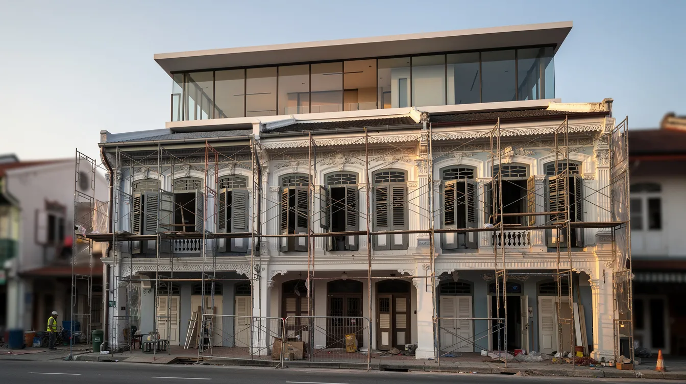 The image depicts the exterior of a beautifully restored shophouse, showcasing the conserved front facade with scaffolding partially removed, revealing a new rear extension. This restoration highlights the importance of adhering to building control regulations and obtaining necessary approvals during the construction process.