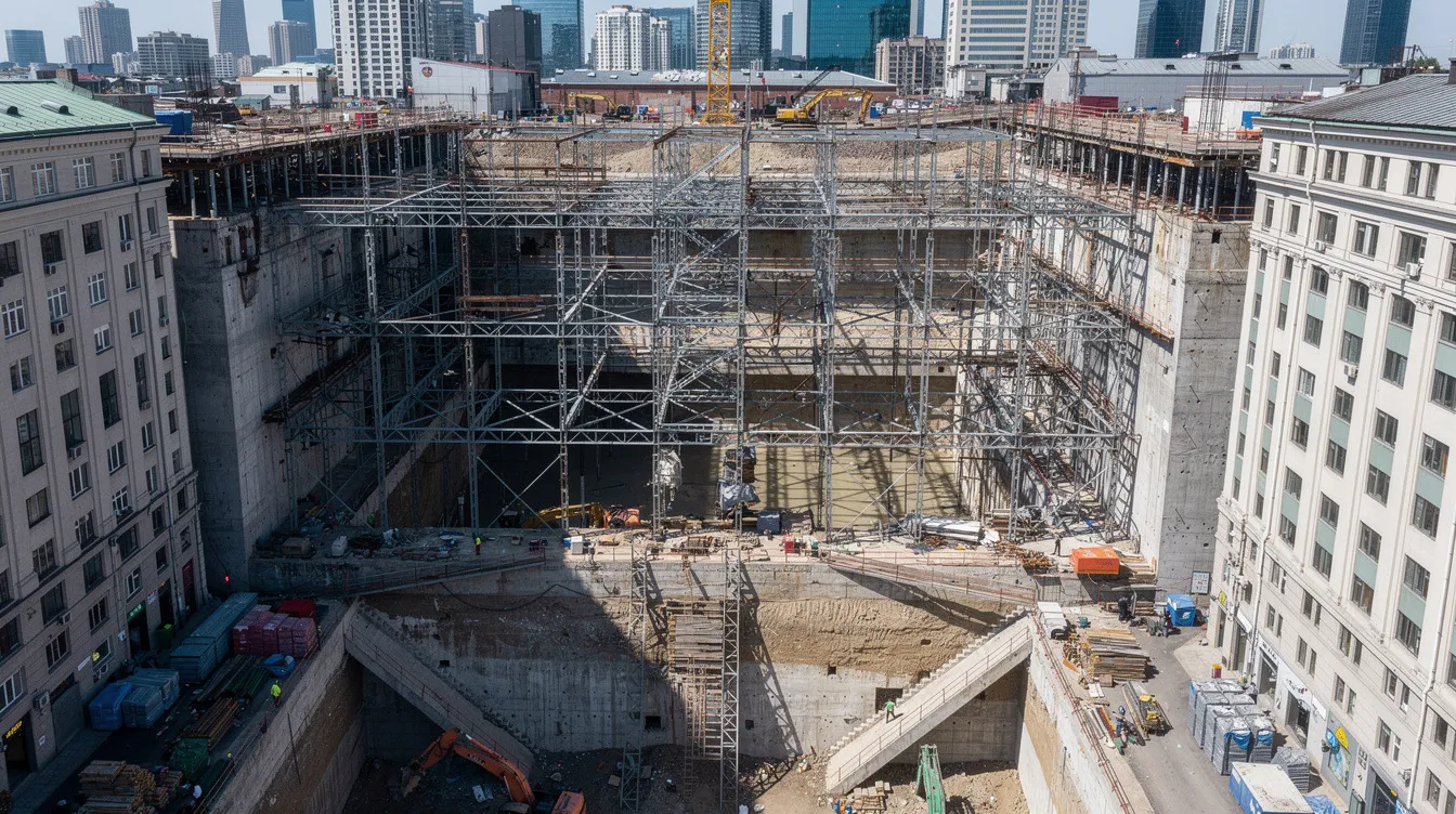 An aerial view of an urban construction site reveals a deep basement excavation supported by a multi-level strut system, situated next to existing buildings. This scene highlights key structural elements and the importance of structural integrity in compliance with the regulatory framework established by the Building and Construction Authority in Singapore.