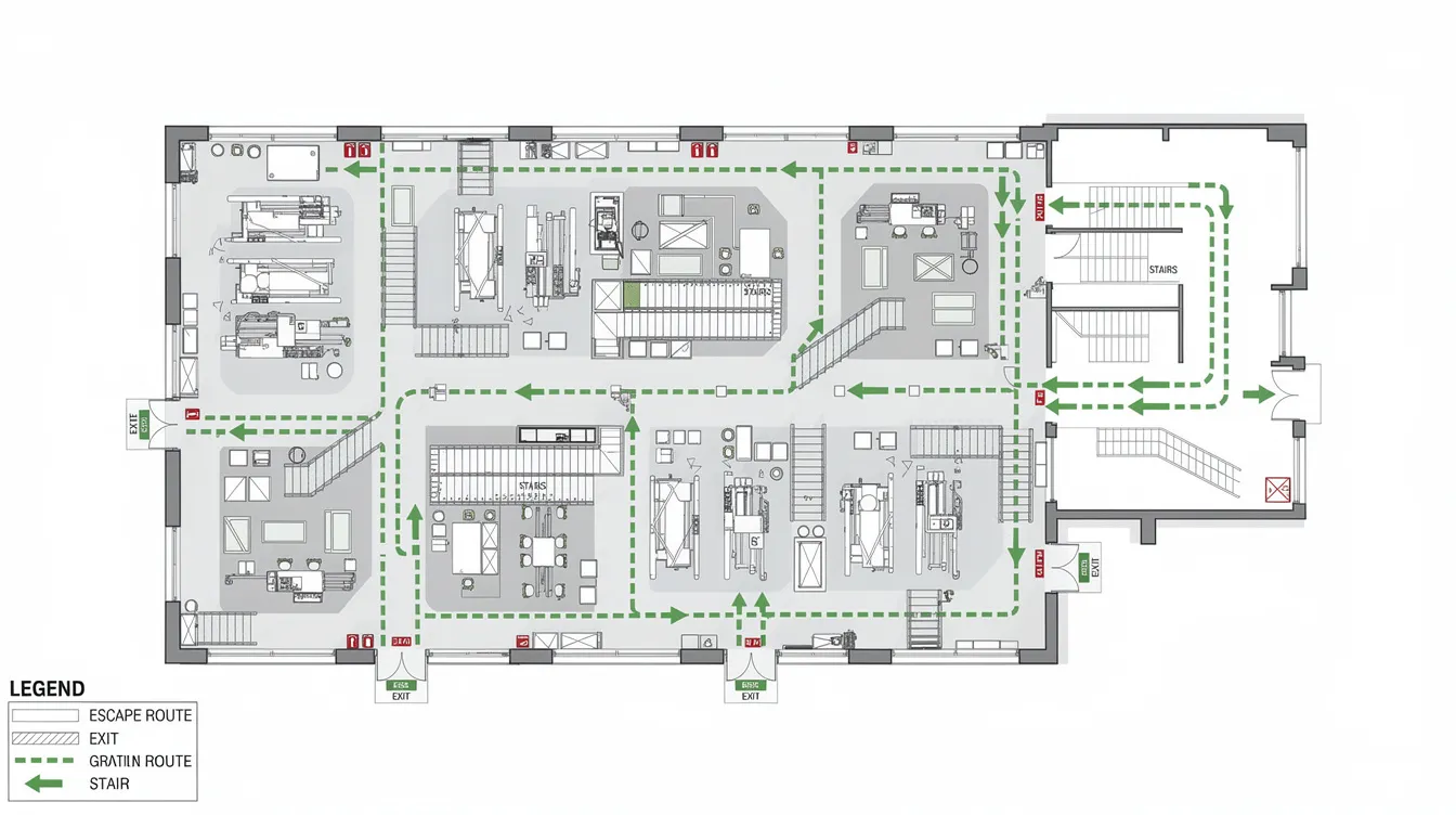 An overhead view of an industrial factory floor plan illustrates a partial mezzanine, highlighting marked escape routes and staircase locations, essential for safety in an approved industrial property. The layout reflects considerations for operational efficiency and compliance with Singapore's industrial use regulations.