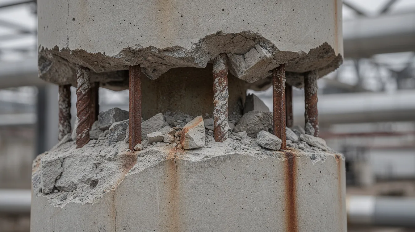 The image shows a close-up view of spalling concrete on a factory column, revealing exposed and corroded reinforcement bars, which indicates potential structural defects. This highlights the importance of periodic structural inspections (PSI) to assess the structural integrity and safety of buildings in compliance with Singapore's Building Control Act.