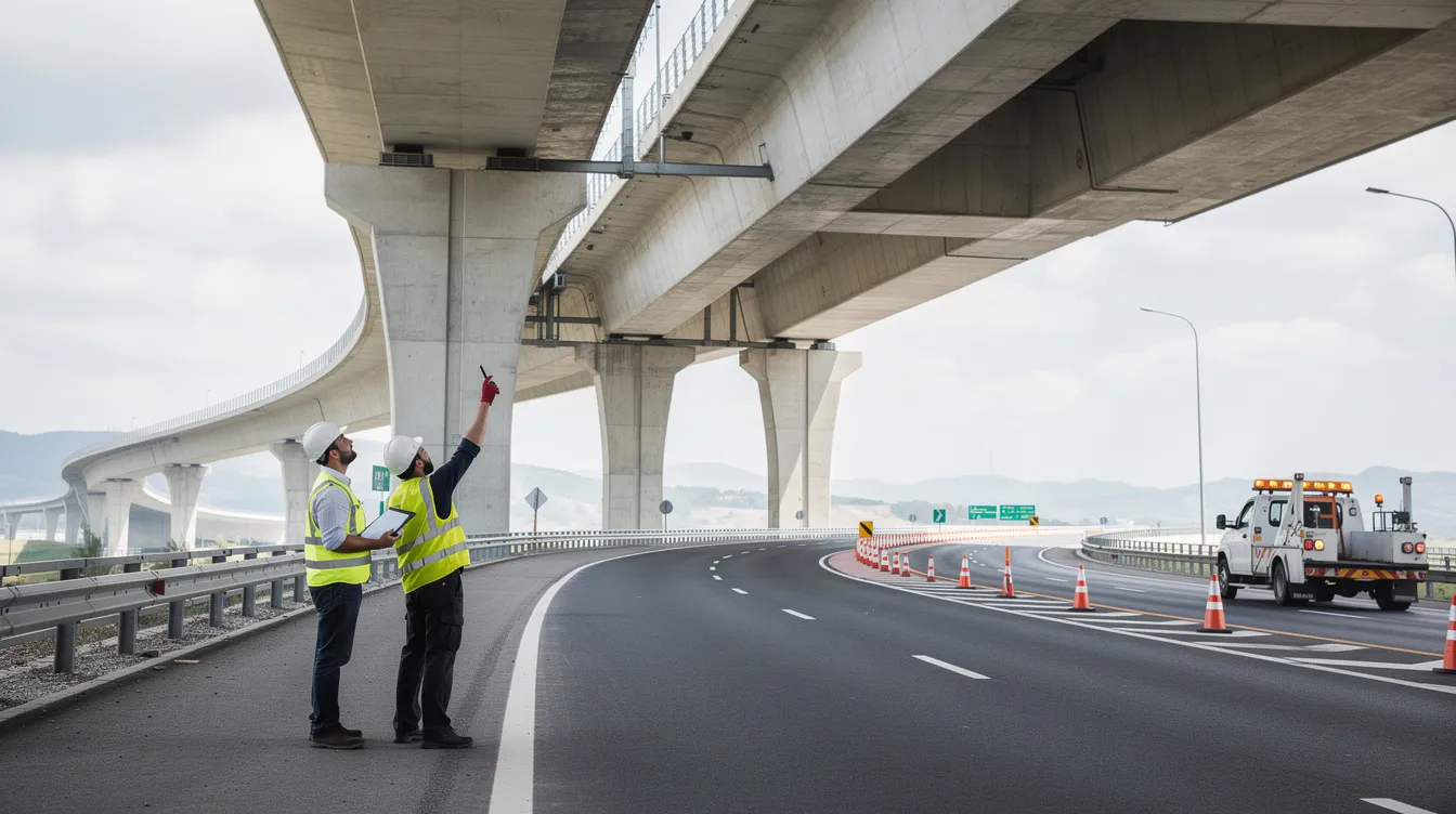 The image depicts a construction site featuring a road or bridge structure undergoing inspection, highlighting the importance of quality and workmanship during the defects liability period (DLP) of a construction project. Inspectors are examining the infrastructure to ensure compliance with contractual obligations and project specifications.