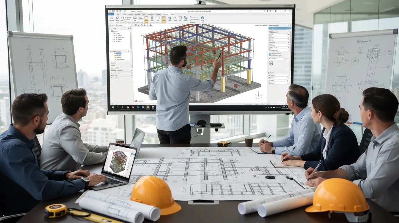 A group of engineers is gathered around a conference table, reviewing structural drawings and a BIM model displayed on a screen during a project meeting. They are discussing value engineering strategies to optimize construction costs while ensuring structural integrity and project quality.