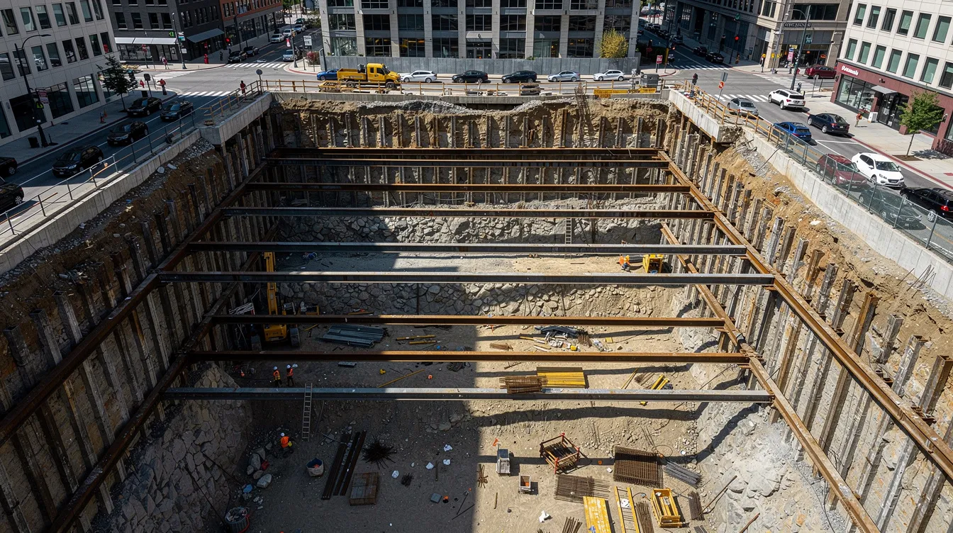An aerial view of a deep urban basement excavation showcases steel struts and retaining walls, highlighting the complexity of construction projects in a dense city environment. The scene reflects the need for qualified person supervision and adherence to approved plans to ensure structural integrity and regulatory compliance throughout the construction process.