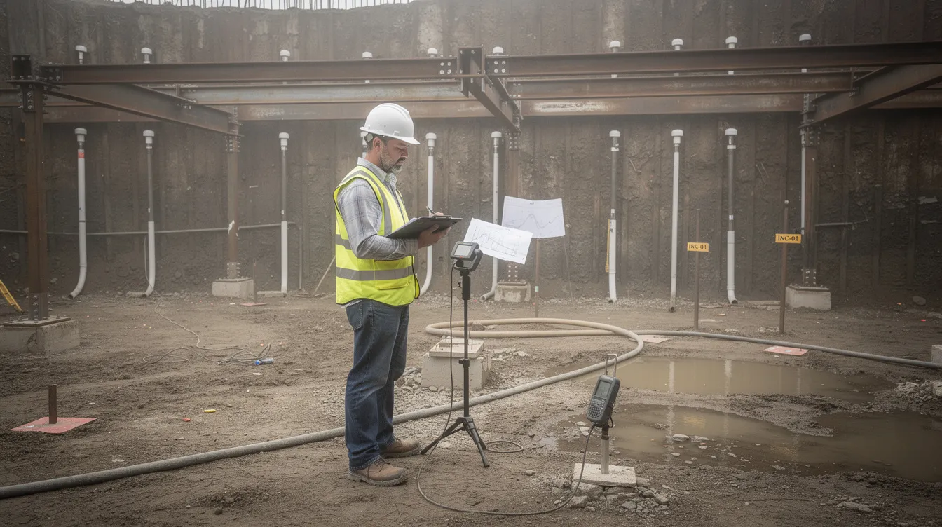 An engineer is reviewing monitoring instruments and inspecting steel struts at a basement excavation site, with inclinometer casings visible along the retaining wall, ensuring compliance with approved plans and regulatory requirements for structural integrity. This scene highlights the importance of professional supervision and detailed site records in complex construction projects.