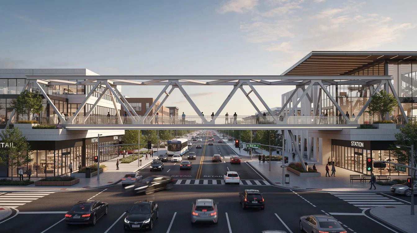 The image depicts a steel truss pedestrian bridge connecting a commercial podium to a transit station entrance, allowing safe pedestrian access over a busy multi-lane road. This structure is a key element in urban planning, adhering to building control regulations and requiring detailed structural plans for proper approval and safety assessments.