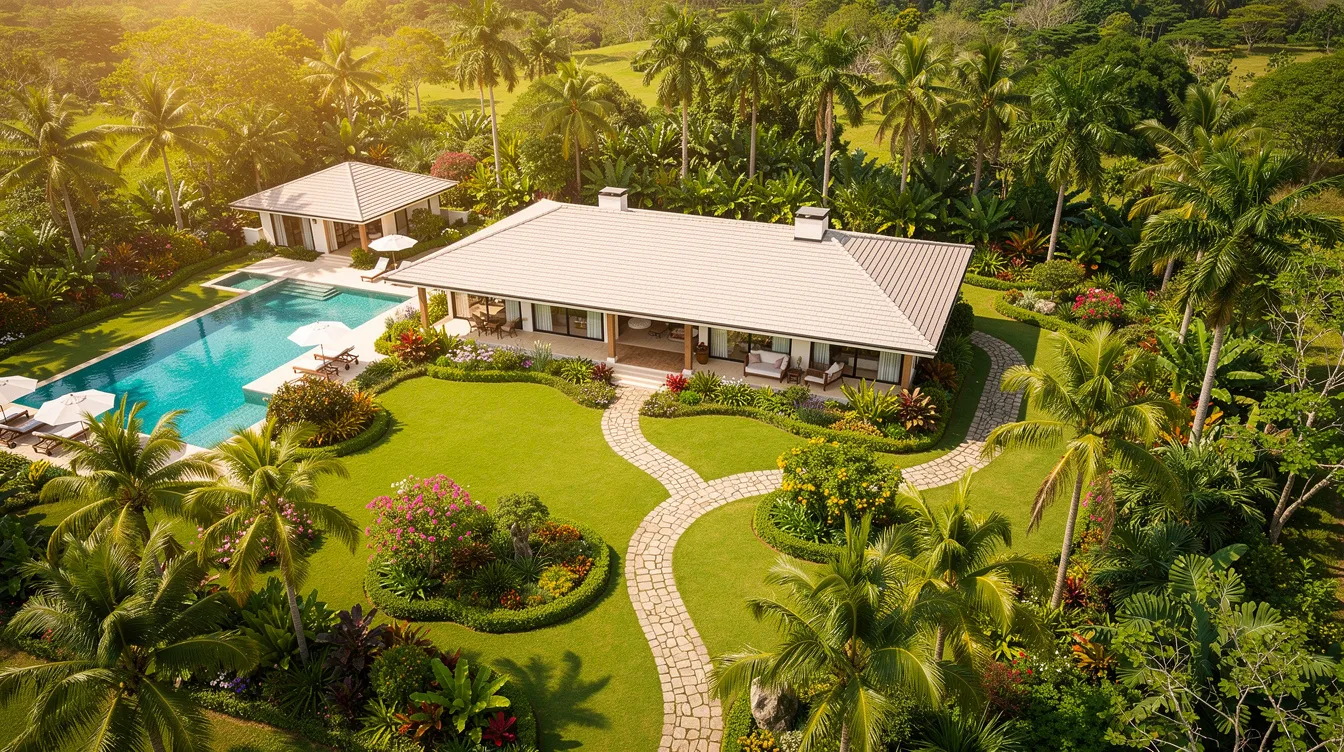 An aerial view of a spacious detached bungalow estate is depicted, surrounded by vibrant, lush gardens in a tropical setting. This image highlights the beauty of landed properties, showcasing the potential for renovation and design by professional engineers and interior designers.
