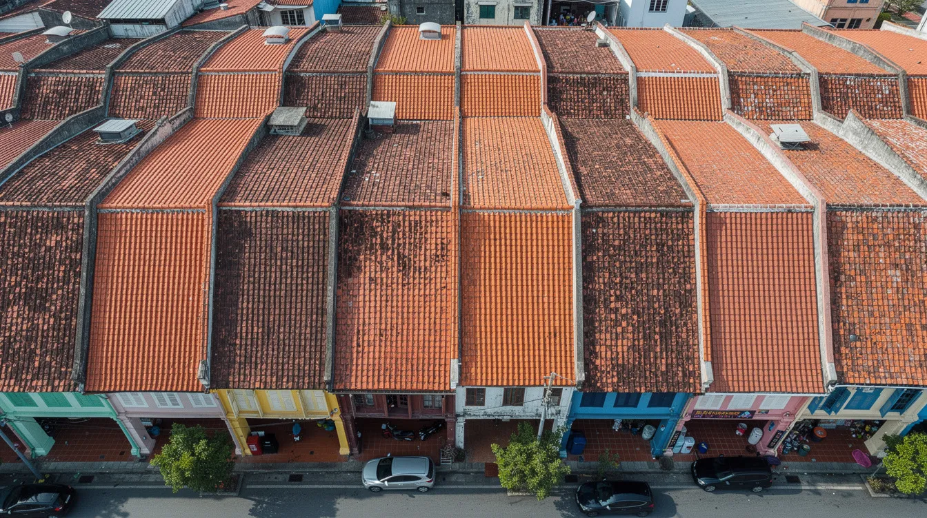 An overhead view showcases a row of conserved two-storey shophouses with pitched clay tile roofs, situated along a narrow street. These buildings reflect traditional architectural styles, emphasizing key structural elements and the importance of regulatory compliance in urban redevelopment.