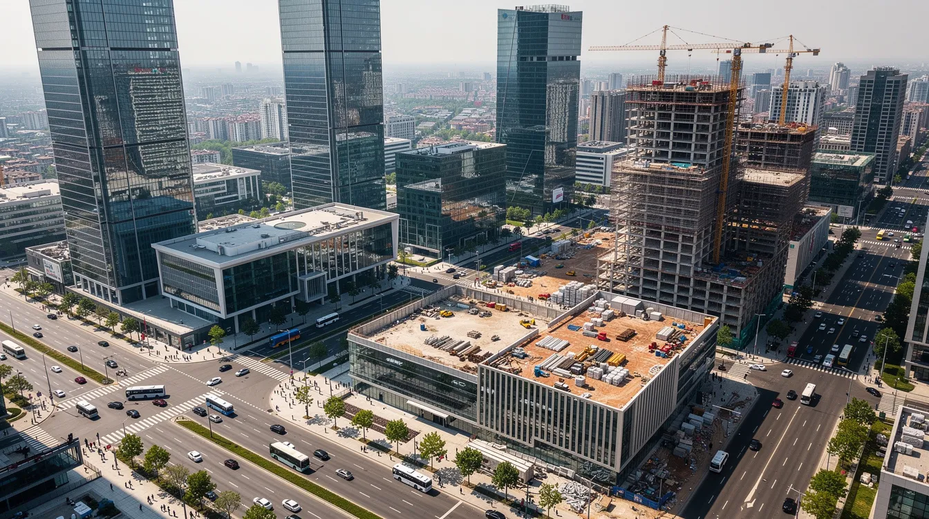 An aerial view showcases a modern commercial district in Singapore, featuring several office towers and mixed-use developments that are currently under construction. The image highlights the ongoing urban redevelopment efforts, emphasizing the regulatory processes and planning involved in achieving the desired gross floor area (GFA) for these projects.