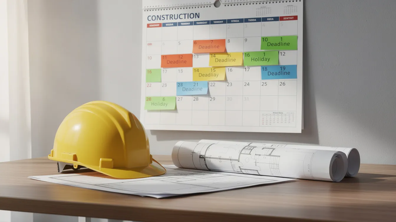 An organized desk features a calendar marked with highlighted construction deadlines and holiday periods, alongside a hard hat and blueprints, symbolizing the planning and services involved in building projects under the guidance of the building and construction authority.