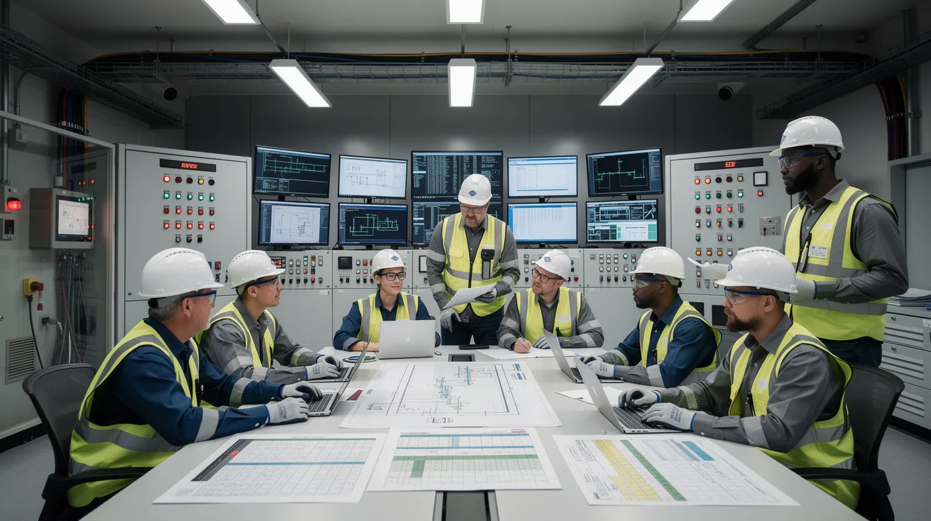 A group of engineers in personal protective equipment (PPE) is gathered in an industrial plant control room, actively conducting a risk assessment workshop focused on developing a risk management strategy. They are discussing various factors related to shutdown risk management and workplace safety, aiming to identify potential risks and formulate effective risk mitigation plans.