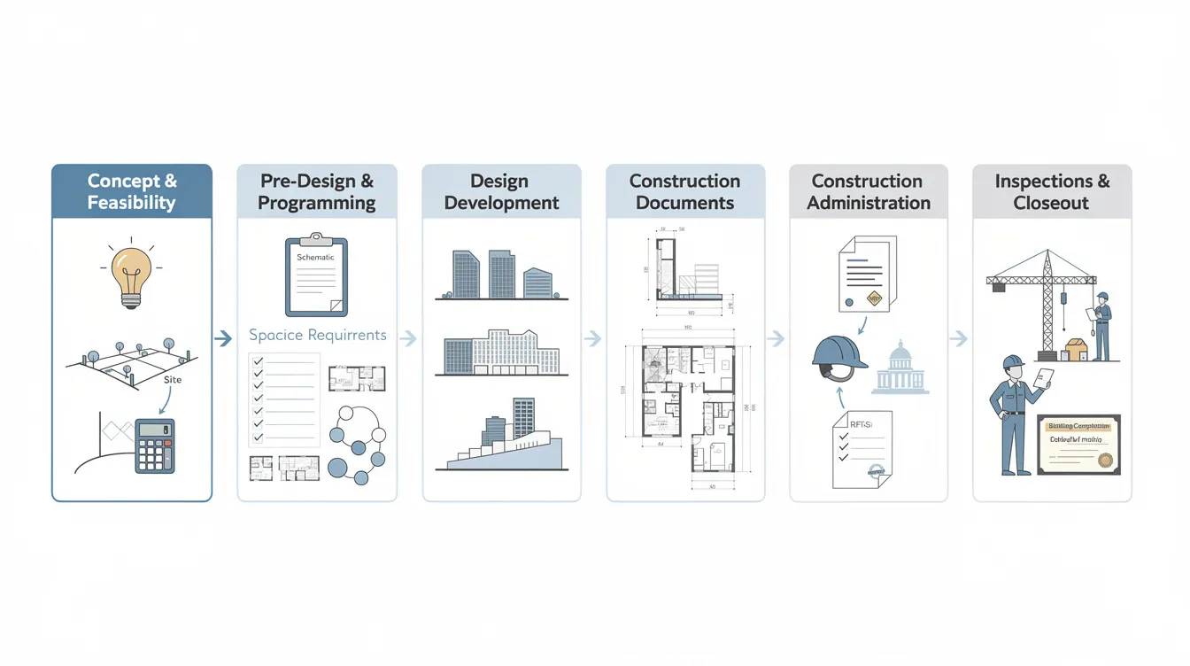 This image depicts a detailed architectural project workflow diagram that outlines various stages from concept development to final inspections, showcasing the structured approach taken by architecture firms. The diagram illustrates the interconnected phases, emphasizing the importance of collaboration and innovation in the architectural design process.