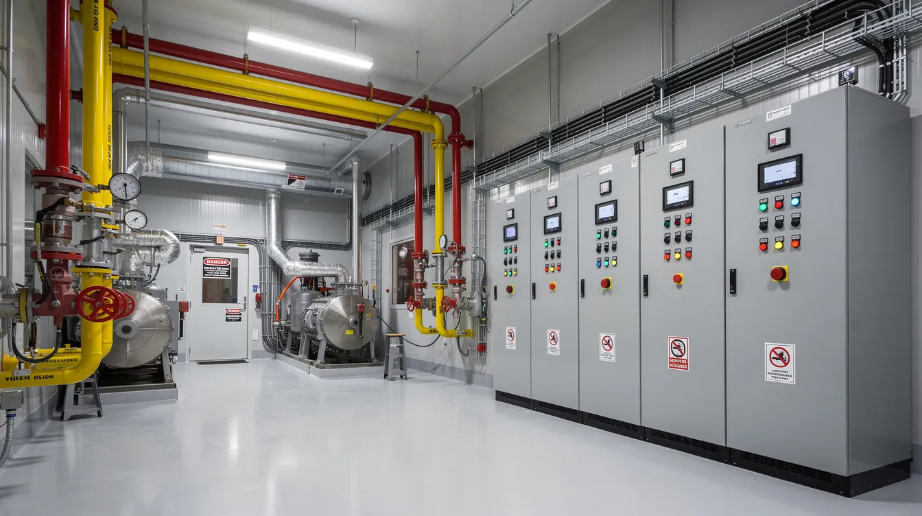 The image depicts the interior of an industrial plant room, featuring fuel piping and control panels surrounded by safety signage, highlighting important fire safety regulations and protocols for storing petroleum and flammable materials. The well-lit mechanical space emphasizes the need for compliance with fire safety requirements and the Singapore Civil Defence Force's regulations for hazardous materials.