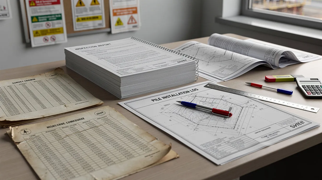 A cluttered site office desk displays a stack of engineering inspection reports, pile installation logs, and survey drawings, essential for ensuring compliance with building control regulations and maintaining detailed site records. These documents are crucial for the supervision team and qualified persons overseeing construction projects in Singapore's construction industry.