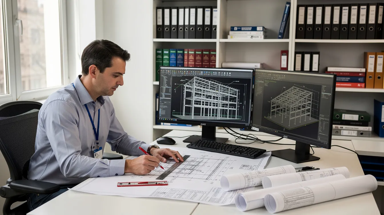 An engineering professional is intently reviewing detailed structural drawings at a workstation, surrounded by various architectural and engineering plans. The image reflects the importance of plan consent submissions and compliance with the building and construction authority's regulations for proposed developments.