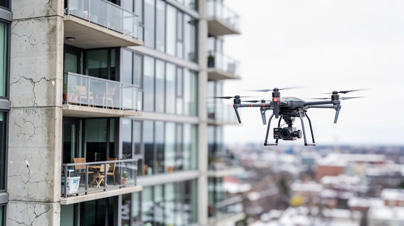 A drone is capturing high-resolution images of a condominium building's façade during a periodic inspection, focusing on identifying any defects or issues that may require rectification works. This inspection is essential for building owners and façade inspectors to ensure compliance with new regulations and maintain the quality of the properties.