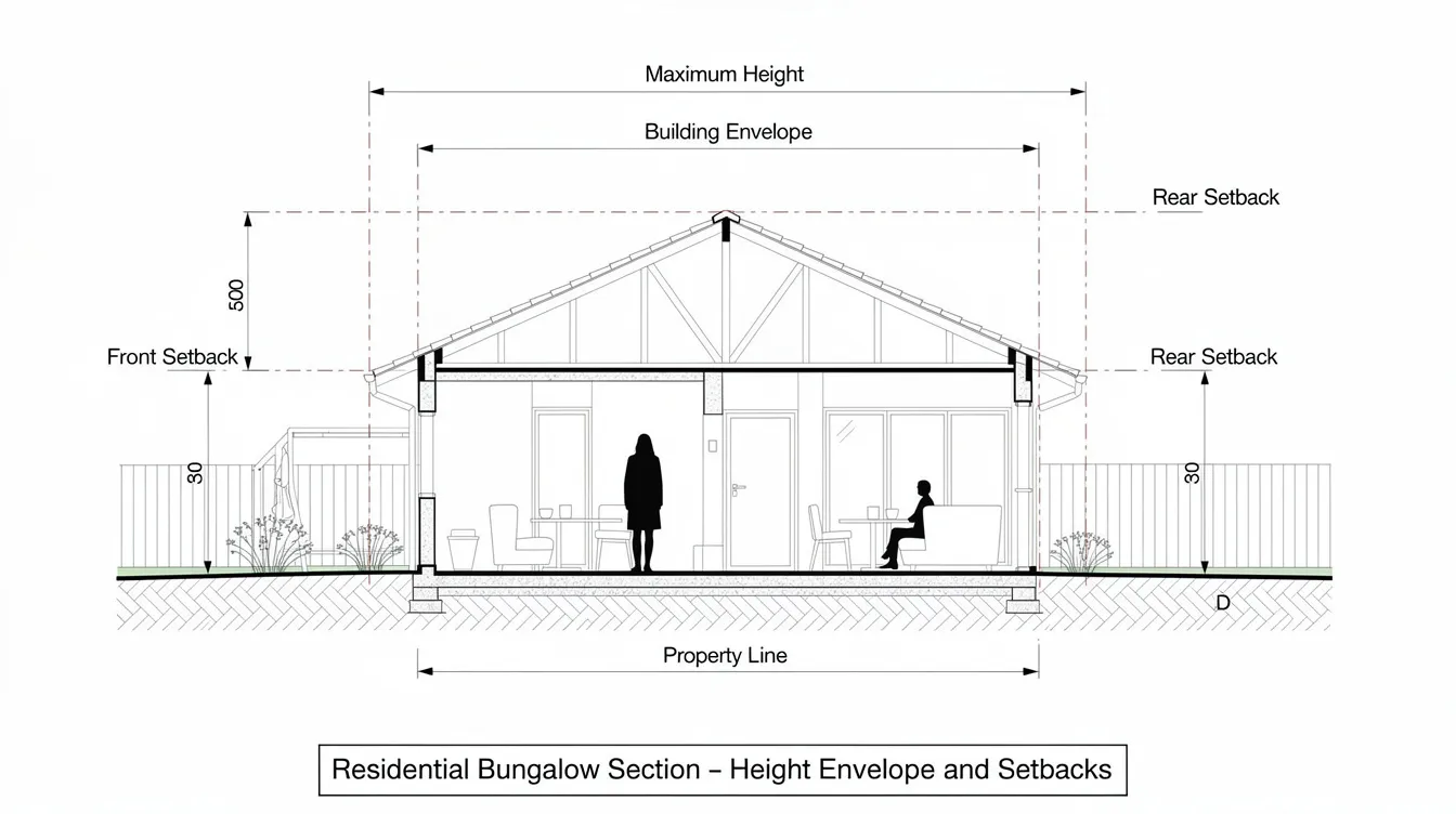 The image depicts a cross-section diagram of a residential bungalow, illustrating the height envelope and setback boundaries in accordance with building control regulations. It highlights key structural elements, such as load-bearing walls, while emphasizing the importance of adhering to approved plans and the role of professional engineers in ensuring compliance with the Building and Construction Authority's guidelines.