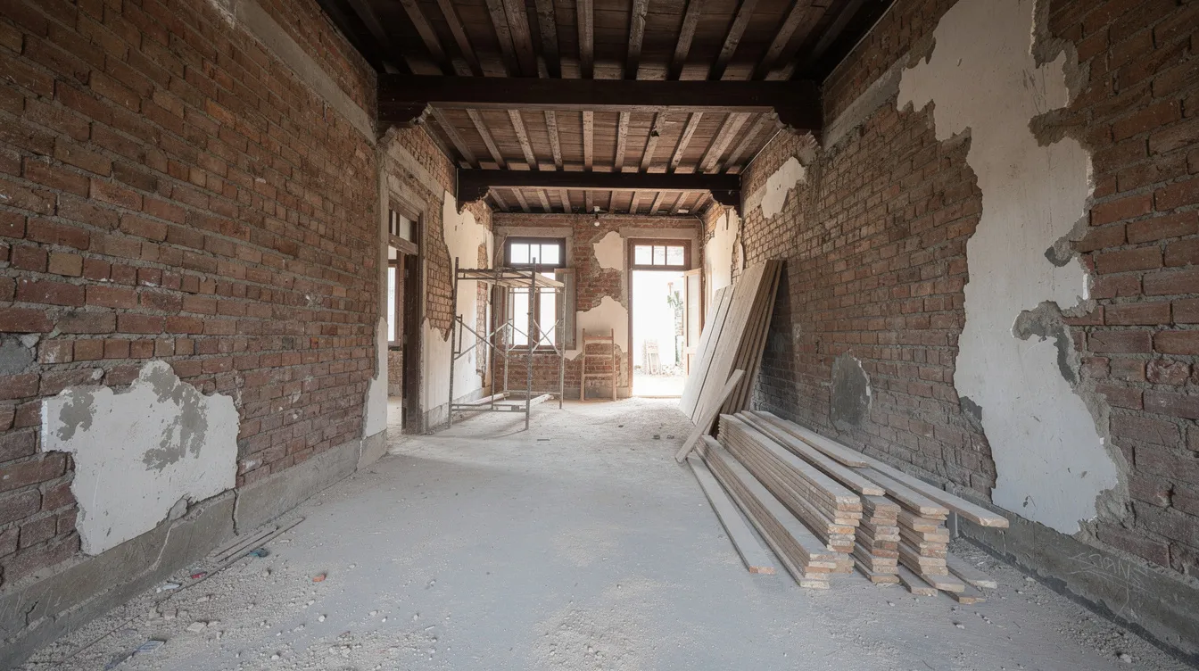 The image depicts the interior of a shophouse undergoing renovation, showcasing exposed timber beams and brick party walls, highlighting key structural elements essential for compliance with building control regulations. This scene emphasizes the ongoing alteration works as part of the building plan submissions process, illustrating the project's progress towards obtaining necessary approvals from the relevant authorities.