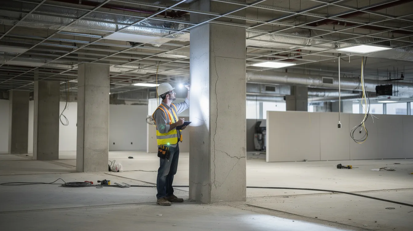 A structural engineer is conducting a periodic structural inspection of concrete columns inside a commercial building, with suspended ceiling tiles removed to reveal visible structural elements. This inspection is crucial for assessing structural integrity and identifying any potential structural defects to ensure compliance with Singapore's building control regulations.