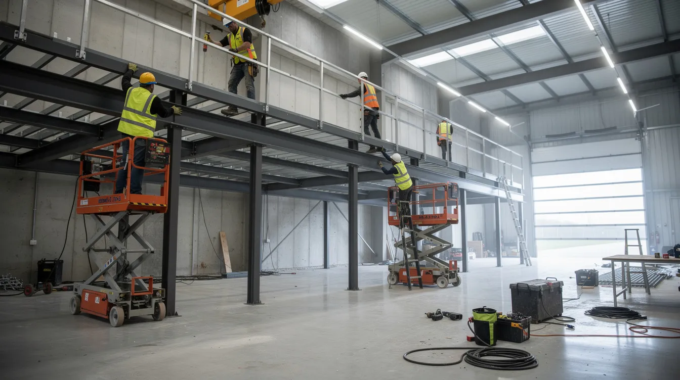 The image shows construction workers diligently installing a steel mezzanine frame within a high-ceiling industrial factory unit, highlighting the ongoing development in light industrial spaces. This installation is part of the process for enhancing the gross floor area of the industrial property, contributing to its approved industrial use in Singapore.