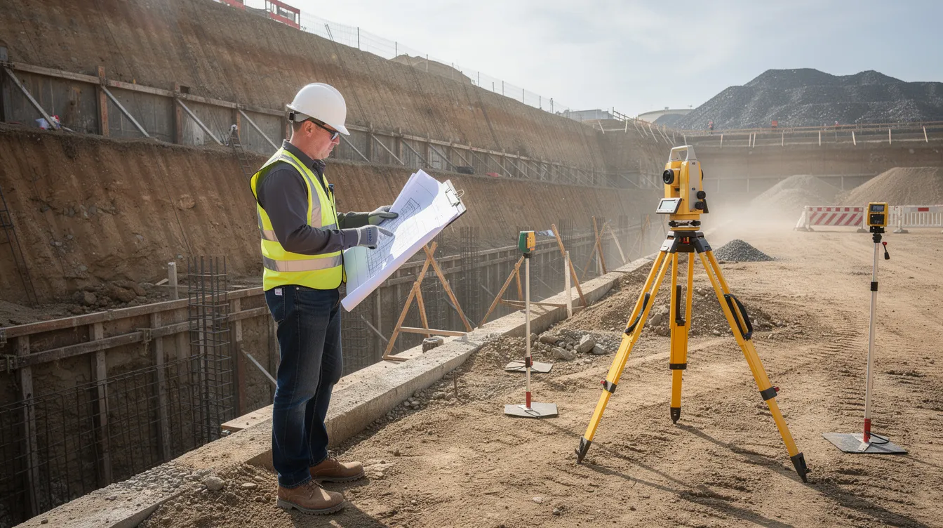 A site engineer is reviewing structural drawings at a retaining wall excavation, with survey equipment set up nearby, ensuring compliance with structural safety standards and the building control act. The image highlights the importance of professional engineers in assessing site conditions and overseeing the construction process for structural integrity.