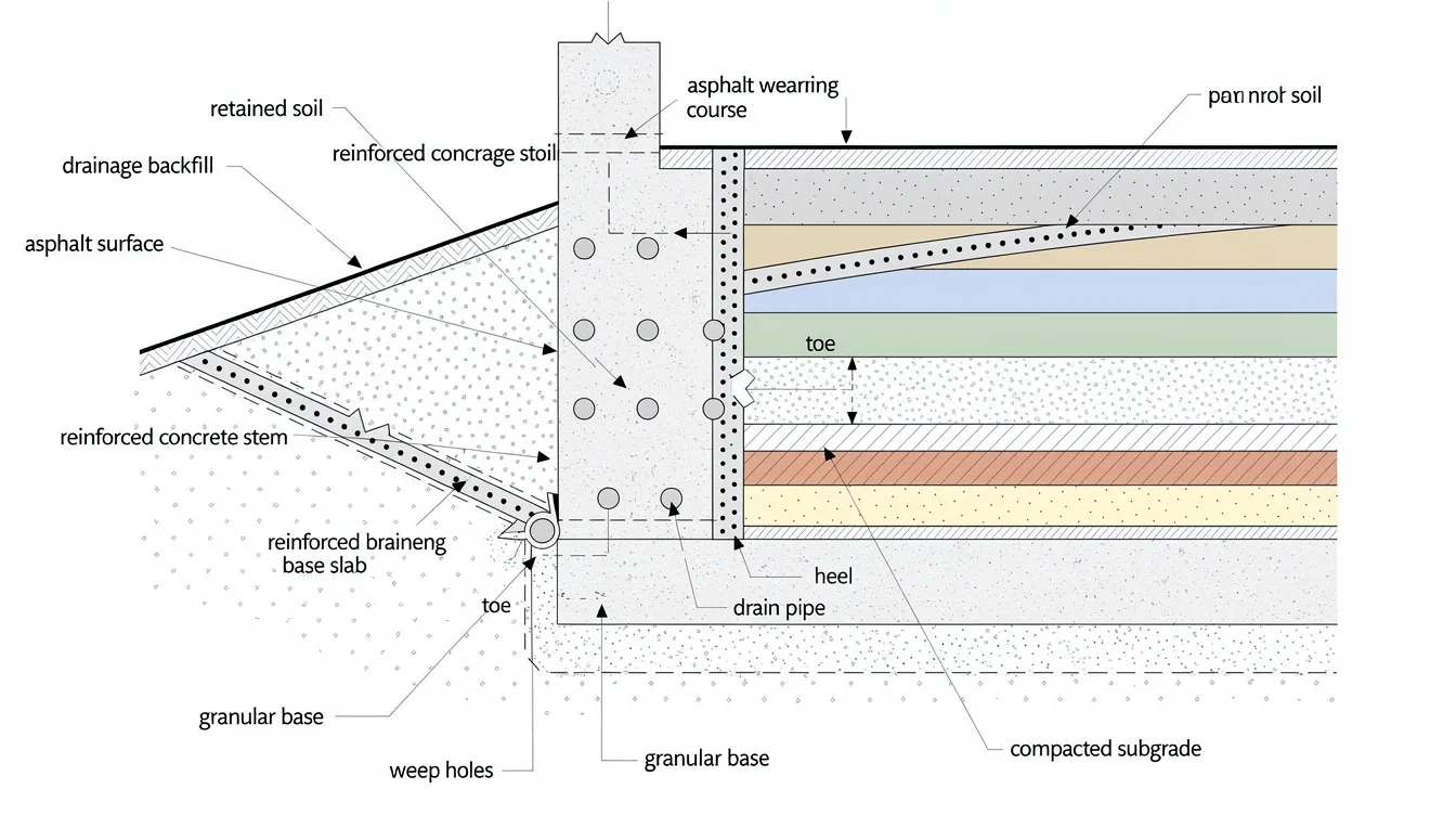 This cross-section diagram illustrates a reinforced concrete retaining wall designed with drainage backfill and weep holes, positioned next to layers of road pavement. The image emphasizes the structural elements essential for retaining wall design and safety, showcasing the approval process stages necessary for construction.
