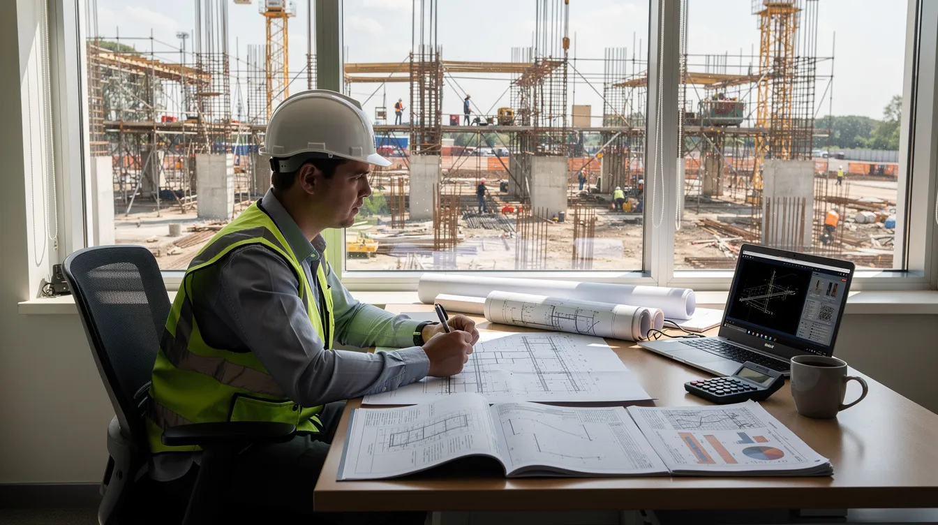 An engineer is seated at a desk in a site office, meticulously reviewing structural drawings and soil investigation reports, while a construction site is visible through the window. This scene highlights the importance of structural engineering and the regulatory requirements outlined by the Building and Construction Authority in Singapore.