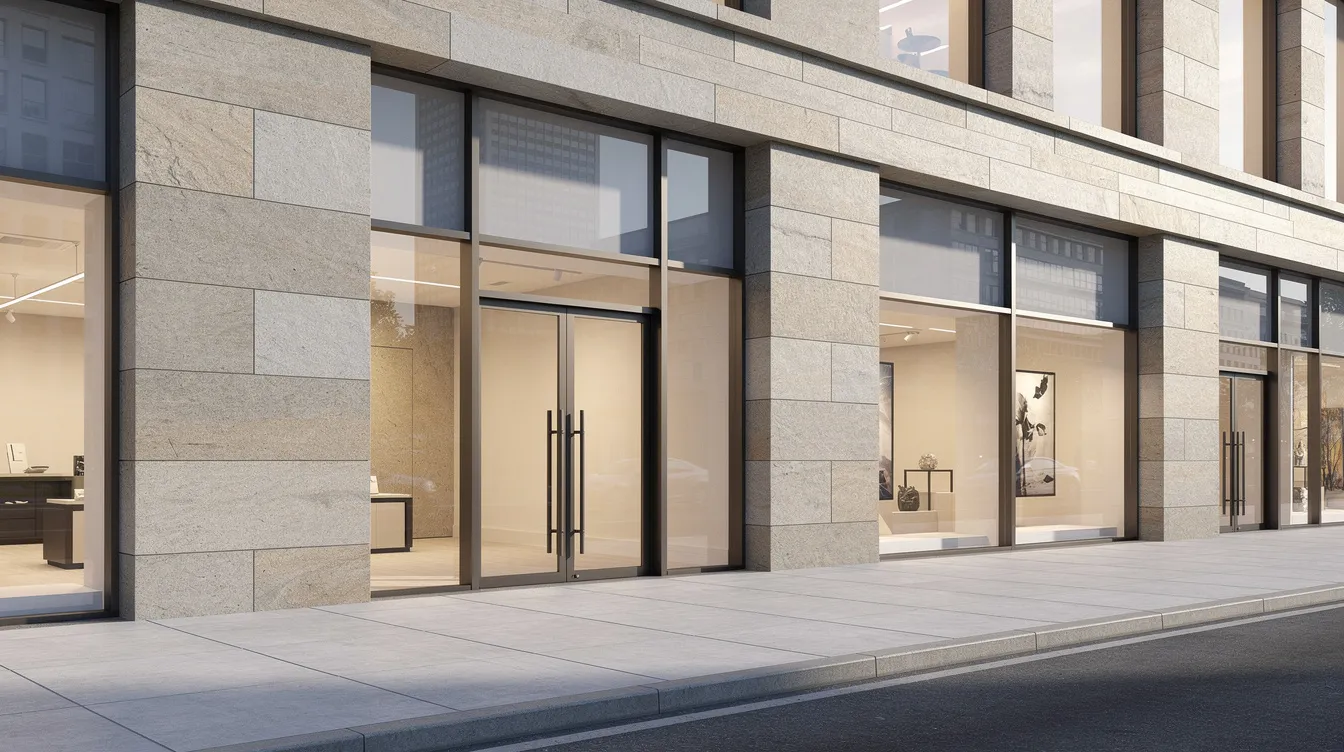 The image depicts a close-up view of an office building's podium level, showcasing stone cladding and glass shopfronts from street level, emphasizing the importance of periodic façade inspections to ensure public safety and identify any façade defects. This visual highlights the structural elements and exterior features that require regular inspections by competent persons to maintain building safety and compliance with building control regulations.