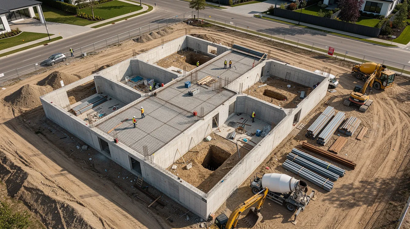 An aerial view captures a luxury bungalow construction site, showcasing excavation and the structural framework currently in progress. This scene highlights the ongoing construction work, reflecting the compliance with building regulations and the requirements set by the building and construction authority.