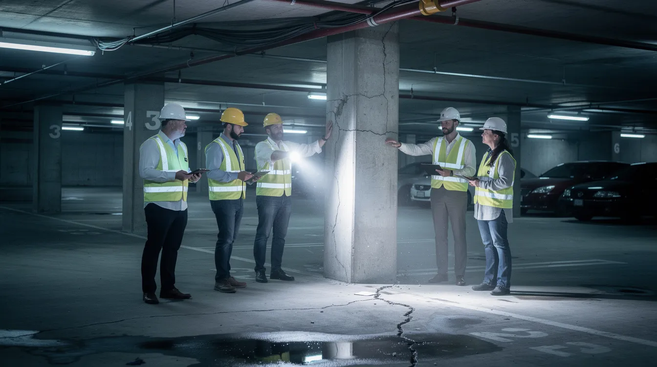 Engineers wearing safety vests and hard hats are conducting a periodic structural inspection of concrete columns in a dimly lit car park basement level, focusing on the structural integrity and identifying any potential structural defects. This inspection is essential for building owners to ensure compliance with the building control act and maintain public safety.