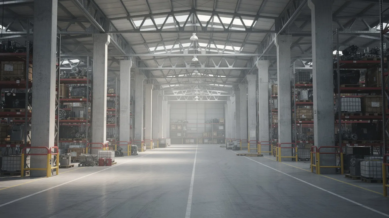 The image depicts the interior of a large industrial factory building, featuring robust concrete columns, expansive steel roof trusses, and heavy storage racking, emphasizing the structural elements critical for periodic structural inspections as mandated by the Building Control Act in Singapore. This setting highlights the importance of maintaining structural integrity and safety in non-residential buildings through regular inspections and compliance with BCA regulations.